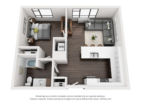 Floor plan for 1 bed, 1 bath, 680 sqft